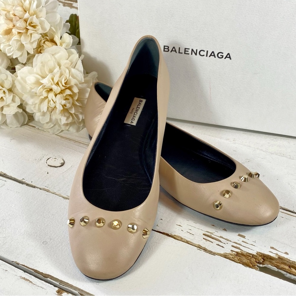 Balenciaga Nude Leather Studded Flats